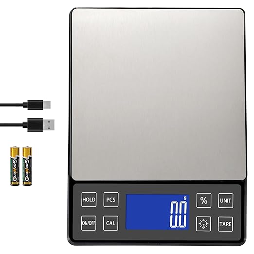 Digital Kitchen Scale with 0.1g/0.001oz High Precision, 5kg/11lb Food Bakery Scale with% Percentage Function, Tare Function, USB Rechargeable or AAA Battery Power, Stainless Steel Pan