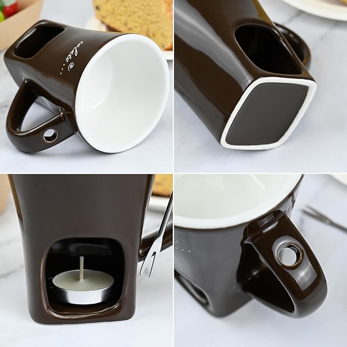 Sweet Fondue Cup for Chocolate Cheese Candy Butter - Chocolate Fondue Mug with Fork & 4 Candle, Mini Ceramic Chocolate Melting Cup, Personal Chocolate Melting Pot for Date Night Birthday (Coffee)
