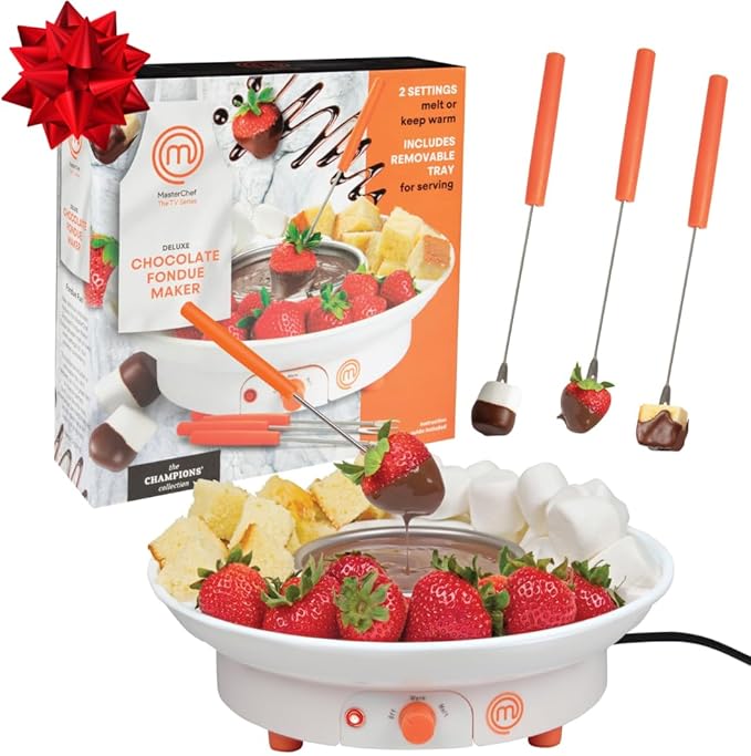 MasterChef Chocolate Fondue Maker- Halloween Candy Bar Melter, Spooky Charcuterie Must Have- Electric Dessert Fondue Pot Set w 4 Forks & Party Serving Tray- Melt, Warm Settings for Caramel & Cheese