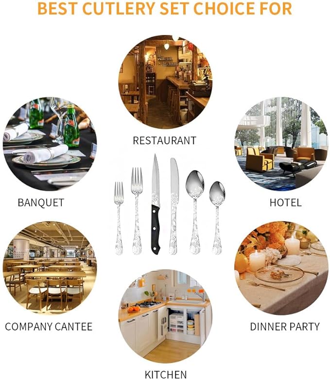 Premium 24 Piece Western Pattern Steak Knife,Fork and Spoon Set,Set for 4,Stainless Steel Cutlery Set with Gift-Ready Box,Dishwasher Safe, Ergonomic Design (Silver)