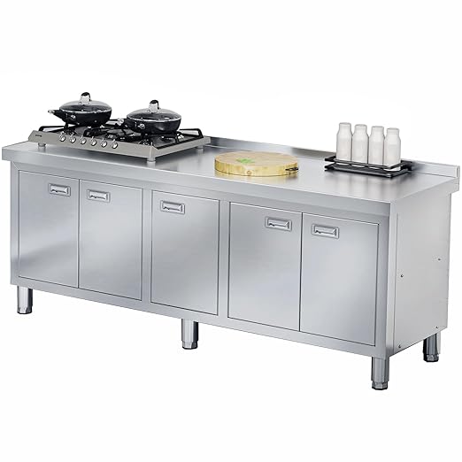 WWK 70" x 21" Stainless Steel Table with Cabinet, Commercial Kitchen Table for Prep & Work, Heavy Duty Work Cabinet with 5 Doors for Outdoor, Kitchen, Restaurant, Hotel, Garage and Cafe