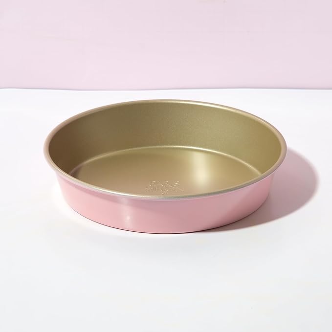 Paris Hilton Nonstick Carbon Steel Bakeware Collection, 9-Inch Round Cake Pan, Dishwasher Safe, Made without PFOA and PFAS, Pink Champagne Two-Tone