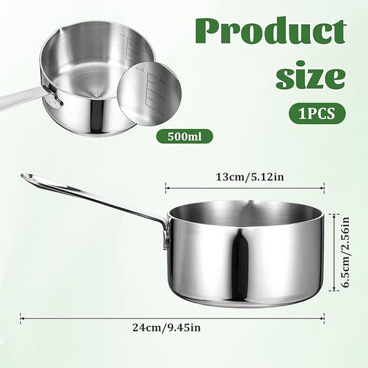 18/10 Stainless Steel Butter Warmer Measuring Pan, 0.5 Quart Small Sauce Pan with Dual Pour Spout, 17OZ/500ml Coffee Milk Chocolate Butter Melting Pot
