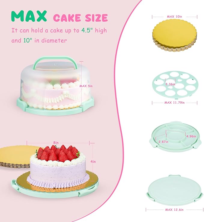 Cake Carrier With Lid And Handle, Bpa-Free Cake Holder With Lid For 10 Inch Round Cake Carrier With 10 pcs Round Golden Cake Boards And Portable Insulated Bag