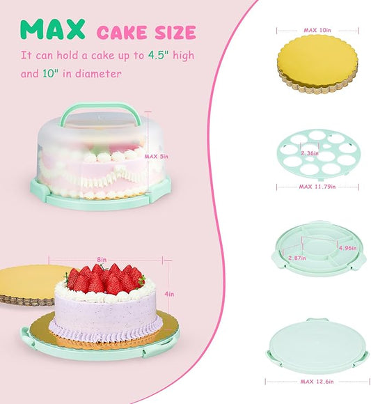 Cake Carrier With Lid And Handle, Bpa-Free Cake Holder With Lid For 10 Inch Round Cake Carrier With 10 pcs Round Golden Cake Boards And Portable Insulated Bag