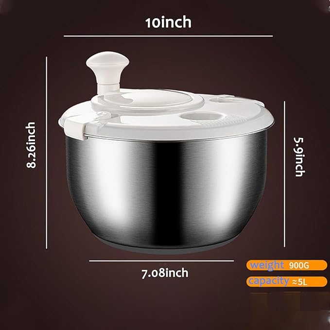 Salad Spinner - Stainless Steel 6L Capacity Vegetable Washer, Pasta & Fries Spinner - Premium Kitchen Tool for Quick, Easy Food Prep