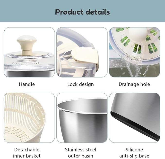 5.3QT Stainless Steel Salad Spinner - Large Capacity Vegetable & Fruit Washer Cleaner, Salad Dryer with Quick Spin & Drain Outlet, Multi-Use Colander