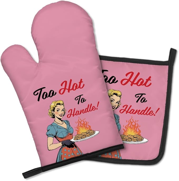 Too Hot to Handle Oven Mitts and Pot Holders Set, Retro Kitchen Gadgets, Cookie Lovers, Suit for New Female Chefs, Gifts for Baking Dessert Lovers of Women, Birthday Gifts for Housewives