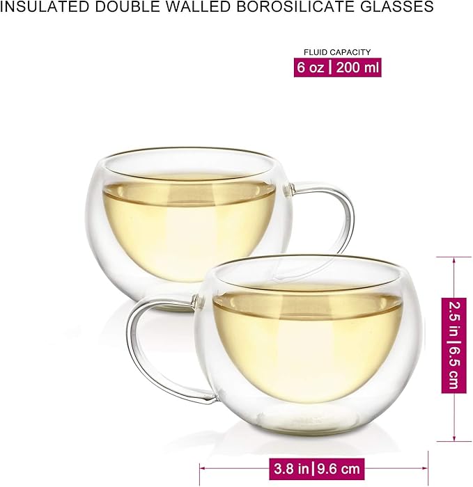 Teabloom Modern Classic Insulated Cups – 6 oz / 200 ml – Set of 2 Double Walled Glass Cups for Tea or Coffee