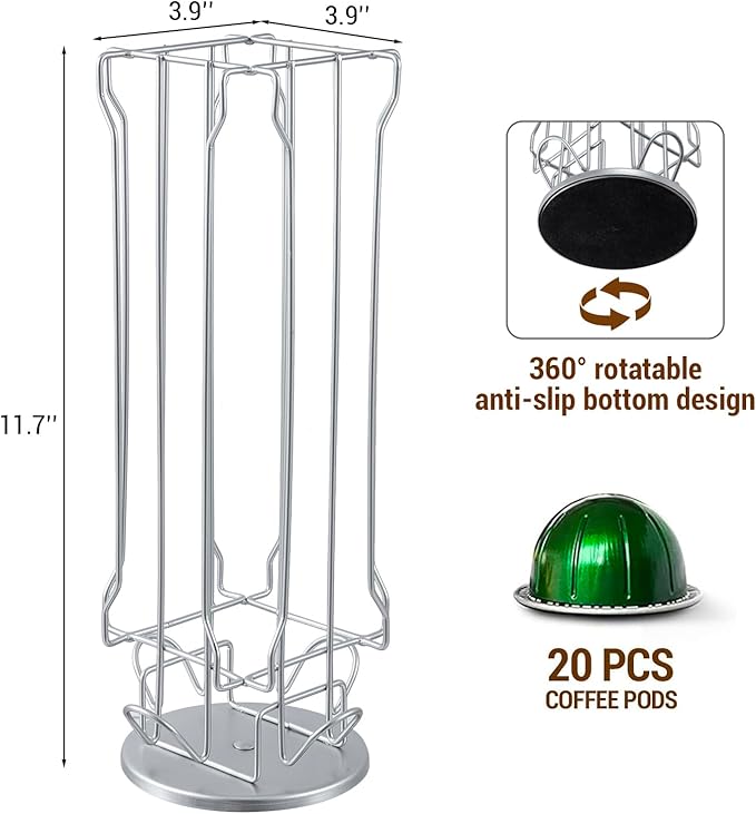 MyGift Silver Chrome-Plated Metal Coffee Pod Capsule Holder Stand Rotating Carousel, Compatible with Vertuoline Pod, Coffee Bar Organizer Rack - Holds 20 Capsules