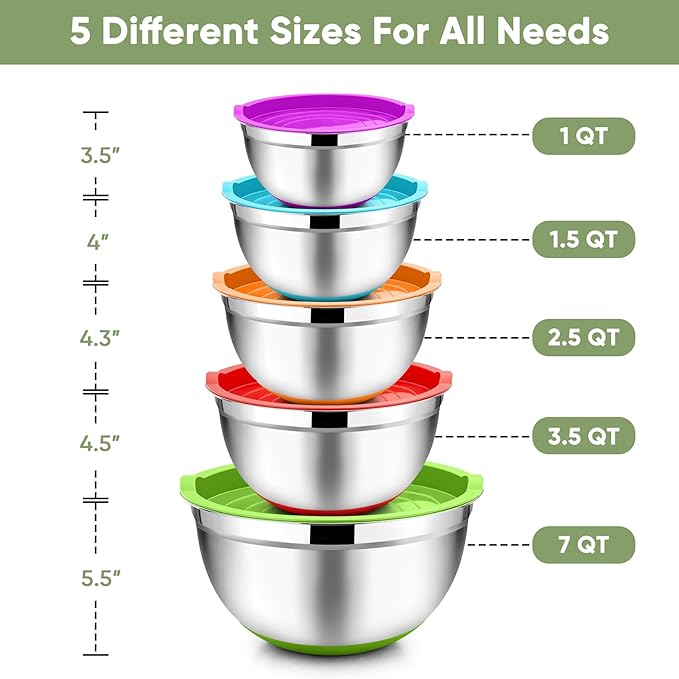 TeamFar Mixing Bowls with Lids Set, 1/1.5/2.5/3.5/7 QT, Stainless Steel Large Metal Nesting Salad Bowl Set of 5, Healthy & Sturdy, Non-slip Bottom & Airtight Lid, Multi-Color