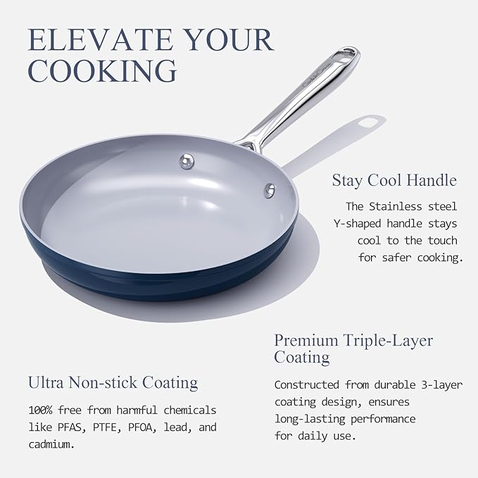 Nonstick Ceramic Frying Pan 8" for All Cooktops, PTFE/PFOA/PFAS Free, Even Heat Distribution Oven Safe up to 500ยฐF, Healthy Non Toxic Skillet w/Ergonomic Stainless Steel Handle, Navy Blue