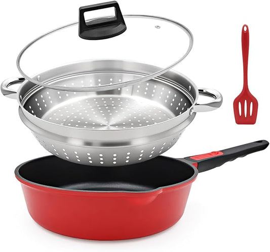 11 Inch Nonstick Deep Frying Pan with Lid, 4-Pc Set - (4.5 Qt Saute Pan with Lid, Steamer/Strainer Basket, Silicone Spatula), Skillet with Detachable Handle, Oven Safe, Non-Toxic