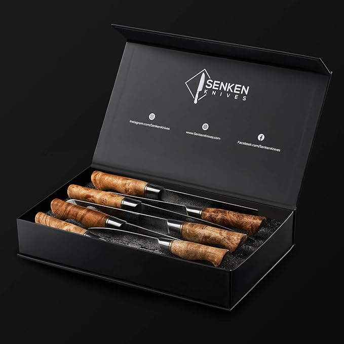 SENKEN 7-Piece Damascus Kitchen Knife Set - Dynasty Collection - 67-Layer Japanese VG10 Steel with Sycamore Wood Handles, Chef's Knife, Cleaver, Bread, Santoku, Boning, & More