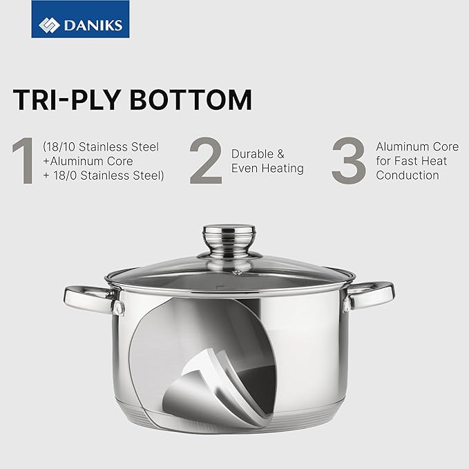 Daniks Standard Stainless Steel Stock Pot with Glass Lid – Induction 7 Quart, Dishwasher Safe, Measuring Scale, For Soup, Pasta, Stew, Silver