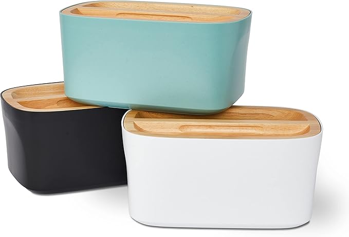 Sonder Los Angeles, Modern Bamboo Fiber and Recycled Plastic Bread Box (White) for Kitchen Countertop with Reversible Cutting Board Lid, Homemade Bread Bin Storage Container 14.25 x 9.25 x 7 in