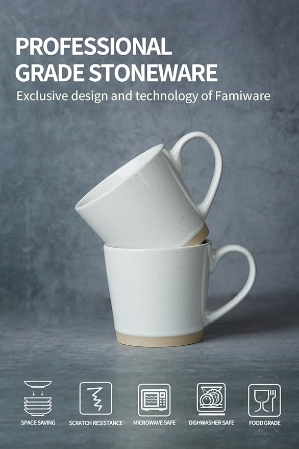 famiware Coffee Mugs for 4, 12 oz Mug Set, Dringking Cup with Handle for Coffee, Tea, Cocoa, Milk, Saturn serise, White