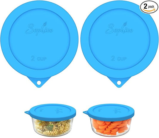 Sophico 2 Cup Round Silicone Storage Cover Lids Replacement for Pyrex 7200-PC and Anchor Hocking Glass Bowls (Container not Included) |Blue-2 Pack|