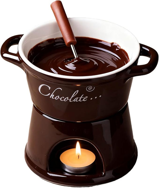 Chocolate Fondue Mug - 330 ml Ceramic Chocolate Melting Cup | Ceramic Personal Fondue Coffee Mug Warmer with Fork | Handmade Melting Butter Warmer for Appetizer Dessert Cheese (Brown)