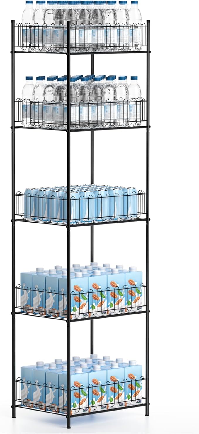 Vrisa 5 Tier Water Bottle Organizer Stand Fenced Freestanding Water Bottle Holder Metal Soft Drink Beverage Soda Can Storage Rack for Pantry, Kitchen, Home Party, Classroom