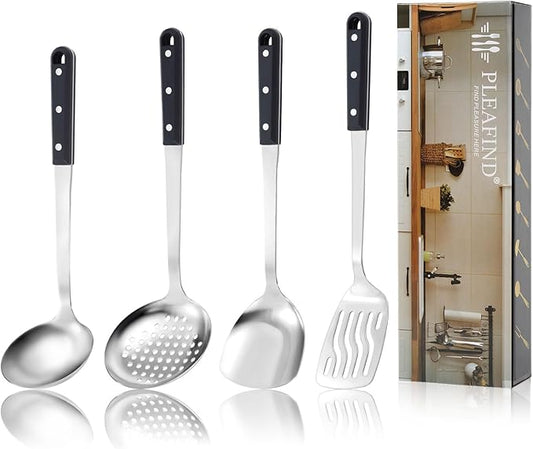 Pleafind 4-Pcs Cooking Utensils Set, Stainless Steel Kitchen Utensils, Mirror Polished Kitchen Essentials Set Include Wok Ladle, Slotted Spoon, Wok Spatula &Slotted Spatula, Dishwasher Safe