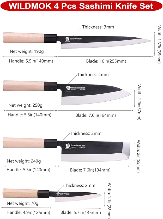 WILDMOK Set of 4 GYUTO Sushi Chef Knives-Yanagiba-Deba-Nakiri-Utility Kitchen Knife, Fish Slicing Filleting Knife Sets with German Steel Blade & Traditional Wooden Handle
