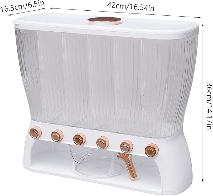 6 Grids Dry Food Dispenser Grain Rice Storage Dispenser with Measuring Cup, 22lbs Sealed Storage Tank for Home Kitchen, Detachable Partition