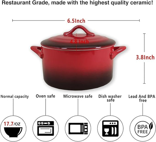 Ceramic Mini Cocotte Set, 17.7 Ounces Small Casserole Dishes with Lids and Handles, Individual Baking Ramekins, Oven, Microwave & Dishwasher Safe (Inner white outer gradient Red glaze)