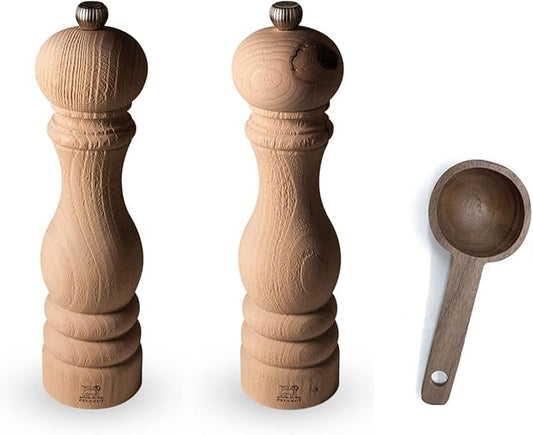 Peugeot Paris Nature 9 inch Salt & Pepper Mills Gift Set - With Wooden Spice Scoop