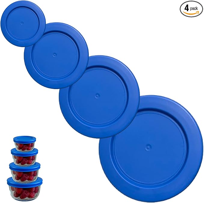 1, 2, 4 & 7 Cup Blue Replacement Lids/Covers for Pyrex, Anchor Hocking & KlareWare Storage Bowls *Lids Only Glass Container Not Included* (4 Pack *One of Each Size*)