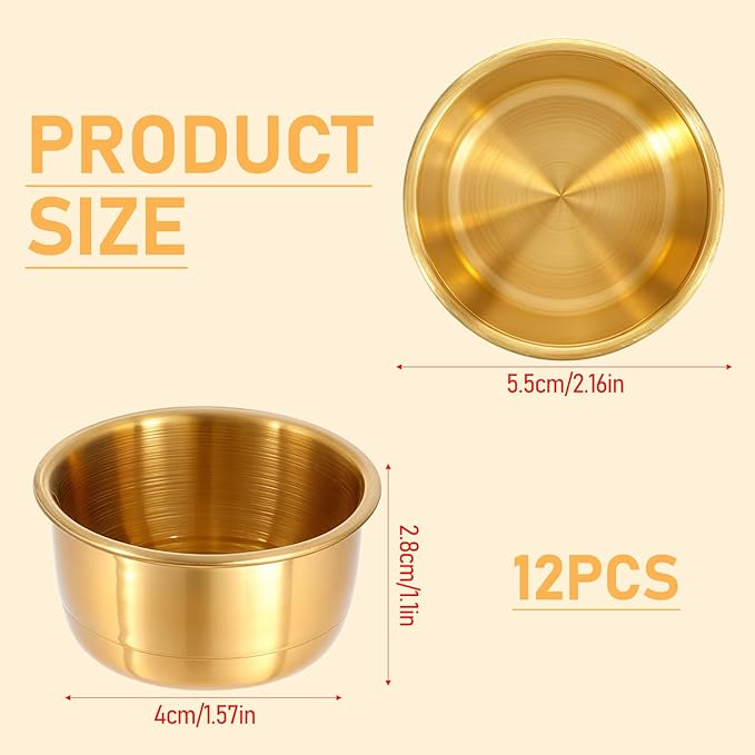 12 Pcs Stainless Steel Dipping Sauce Cup Ramekin Sauce Dipping Bowl Mini Saucers Dishes Plates Round Dipping Bowls for Ketchup Dressing Home Party Restaurant Kitchen, Gold, 2 oz