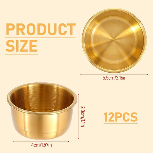 12 Pcs Stainless Steel Dipping Sauce Cup Ramekin Sauce Dipping Bowl Mini Saucers Dishes Plates Round Dipping Bowls for Ketchup Dressing Home Party Restaurant Kitchen, Gold, 2 oz