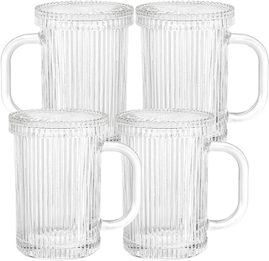 13 oz Clear Ribbed Coffee Mug with Lid, Set of 4 - Classic Glassware for Hot and Cold Beverages (Set of 4)
