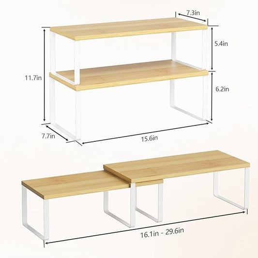 NEX Kitchen Cabinet and Counter Shelf Organizer, Stackable & Expandable, Set of 4, White and Natural - 7.7 x 15.6 x 6.2''