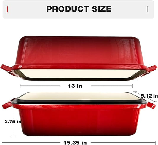 13x5 Enameled Cast Iron Loaf Pan with Lid – Bread Pan for Sourdough, Cake, Meatloaf, Even Heat, Nonstick, Easy to Clean, 2 Piece Set