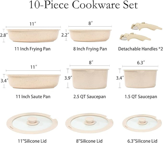 ESLITE LIFE Nonstick Cookware Sets with Detachable Handle,Ceramic Coating Pots and Pans Set Kitchen Cooking Set, Compatible with All Stovetops, PTFE & PFOA Free, White, 10 Pcs Set
