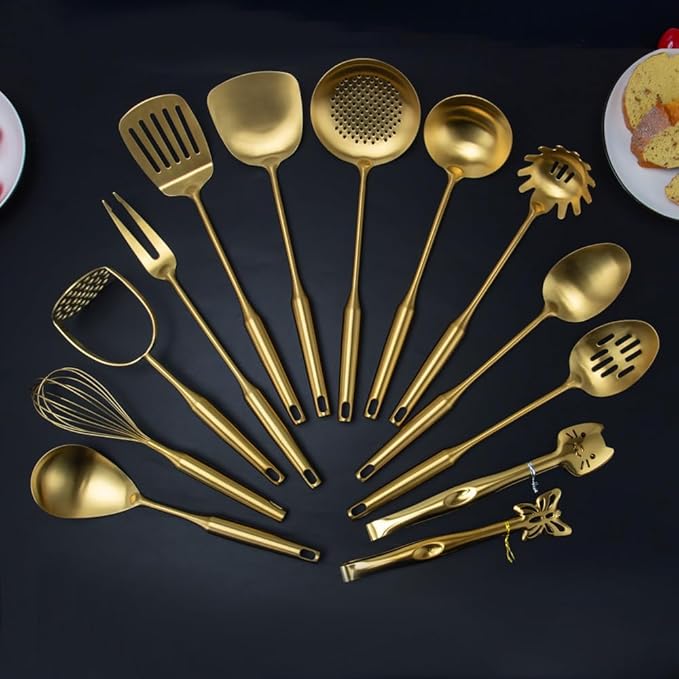 304 Stainless Steel Kitchen Utensils Set, 13PCS Metal Cooking Tools, Masher, Fork, 2Tongs, Solid Spoon, Slotted Spoon, Spatula, Whisk, Skimmer, Slotted Tunner, Soup Ladle, Spaghetti Spoon, Large Ladle