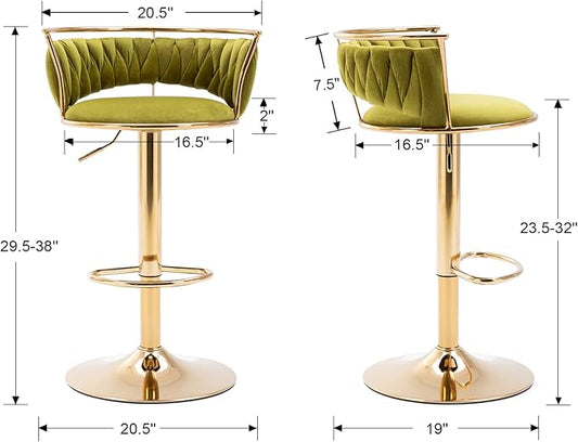 LukeAlon Velvet Adjustable Barstools Set of 2, Modern 360° Swivel Counter Stools with Golden Base Upholstered Open Back Tall Bar Chairs with Footrest for Home Kitchen, Green