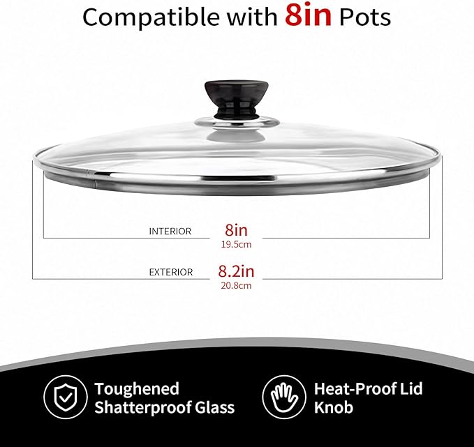 Round Tempered Glass Lid Replacement, Pot Lid 8 Inch Inner Diameter 8.2 Inch Outer Diameter, Pressure Cooker Accessories, Easy to Grip, Stainless Steel Rim, Clear (S)