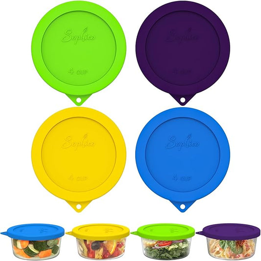 Sophico 4 Cup Round Silicone Storage Cover Lids Replacement for Anchor Hocking and Pyrex 7201-PC Glass Bowls (Container not Included) (Mix2)