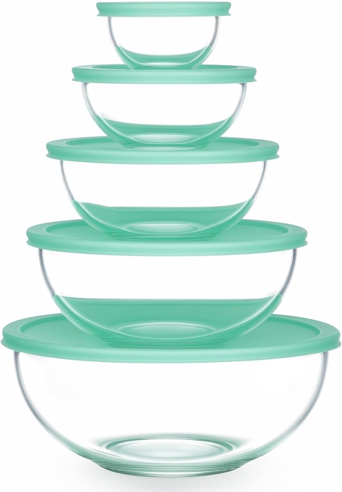 Vtopmart 5 Pack Glass Mixing Bowls with Plastic Lids Set (3.75/2.1/1.1/0.5/0.2 QT), Salad Bowl Set, Nesting Kitchen Bowls for Serving, Prepping, Cooking and Baking, Dishwasher & Microwavable Safe