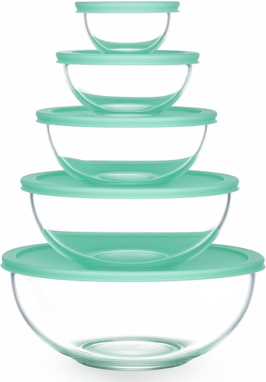 Vtopmart 5 Pack Glass Mixing Bowls with Plastic Lids Set (3.75/2.1/1.1/0.5/0.2 QT), Salad Bowl Set, Nesting Kitchen Bowls for Serving, Prepping, Cooking and Baking, Dishwasher & Microwavable Safe