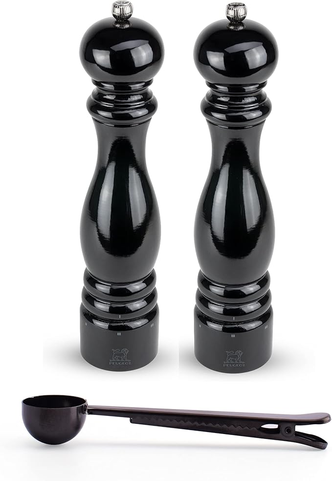 Peugeot Paris u'Select 6 Setting Manual Salt & Pepper Mill Set With Black Stainless Steel Spice Scoop Made In France (Black Lacquered, 12- Inch)