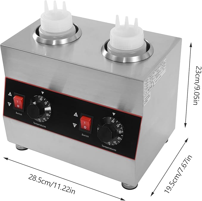 Electric Nacho Cheese Warmer Machine 2 Pot Commercial Hot Fudge Dispenser Stainless Steel Hot Chocolate Dispenser with 2 Sauce Squeeze Bottles for Cheese Caramel Jam Ketchup 320W (2 Pot)