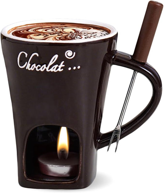 Mini Sweet Fondue Cup, Ceramic Coffee Warmer Mug, Portable Chocolate Melting Cup with Fork for Cheese, Great for Adult/Kids for Camping/Date/Movie Night/Birthday/Wedding Gifts (Brown)