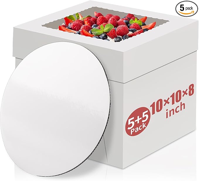 WINKIO Cake Box with Cake Boards, 5 Pack 10 Inch Disposable Cake Carrier, Cakes Transport Container, White Bakery Holder with Window (5, White, 10x10x8 In)
