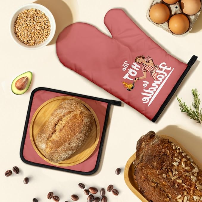 Too Hot to Handle Funny Oven Mitts and Pot Holders Sets, Retro Kitchen Decor Oven Mitts for Women, Baking Gifts for Her Housewives, Housewarming Present for Bakers, Hostess Gifts for Mom Wife