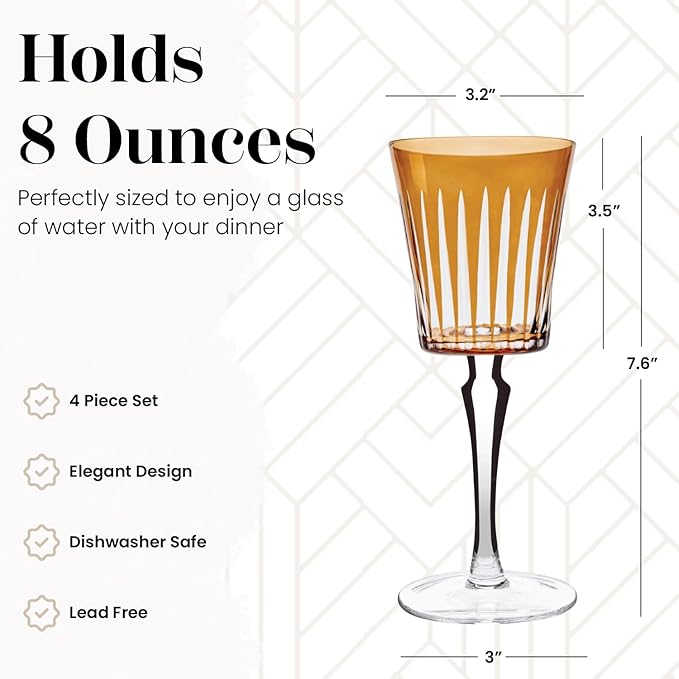 Vikko Water Glasses, Timeless Collection 8 Ounce Elegant Water Glass for Fine Dining, Set of 4 Amber Goblets with Stem, Dishwasher Safe