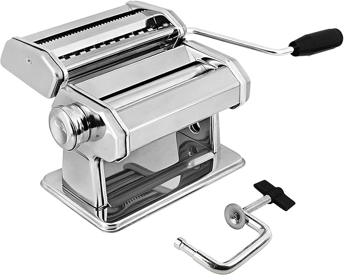 GOURMEX Pasta Maker Machine Stainless Steel Manual | With Adjustable Thickness Settings | Perfect for Homemade Spaghetti Fettuccini Noodles and Lasagna | Includes Removable Handle and Clamp (Silver)