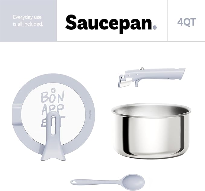 CAROTE Stainless Steel Sauce Pan with Detachable Handle, 4pcs Stainless Steel Pot, 4QT Saucepan with Lid, Non-Toxic Induction Kitchen Cookware, Stand-Up Lid, Oven Safe, Blue